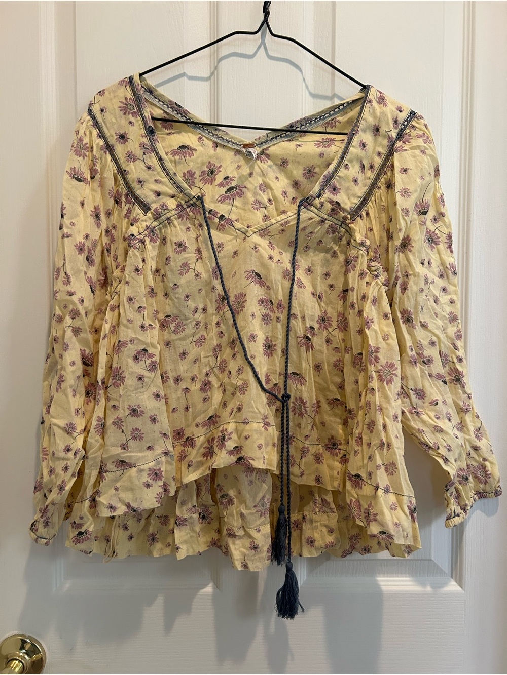 Free People (XS) Boho Floral Peasant Blouse - Yellow with Purple Floral